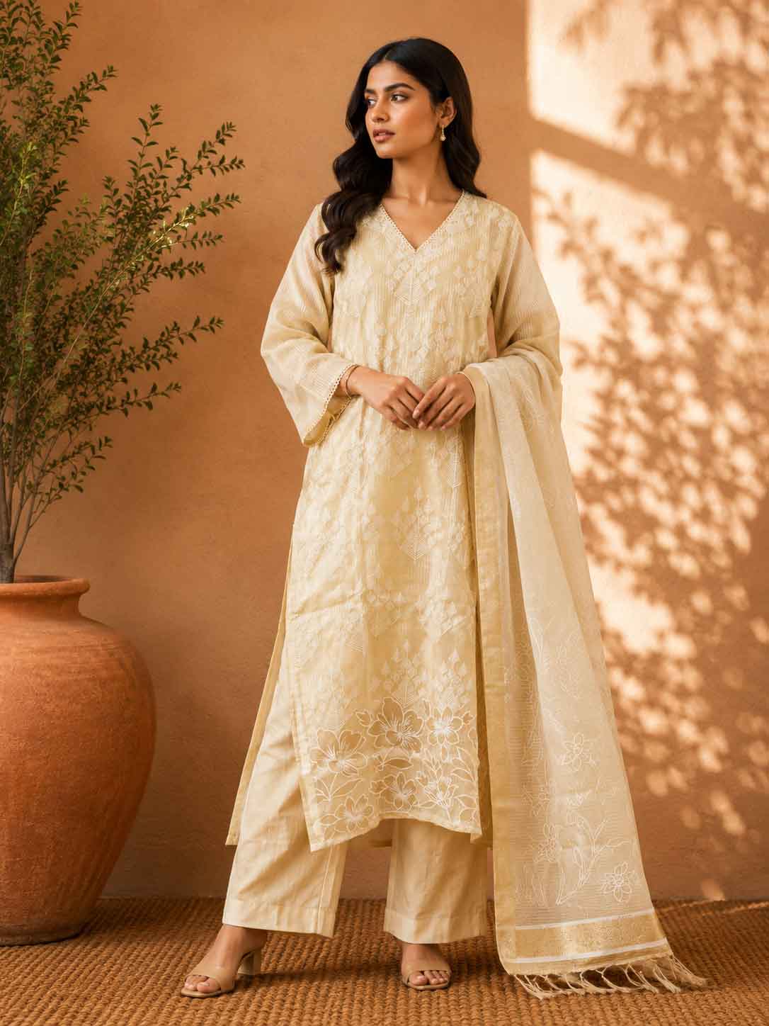 "Gold Embroidered Kurta Set for Women with Pants & Dupatta | Floral Ethnic Suit Set "