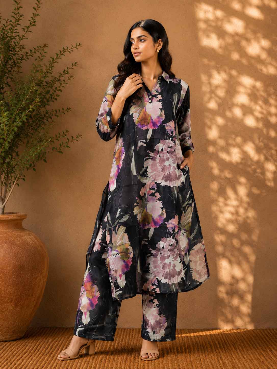 Black Floral Printed Kurta Pant Set for Women | Elegant Ethnic Co-Ord Set