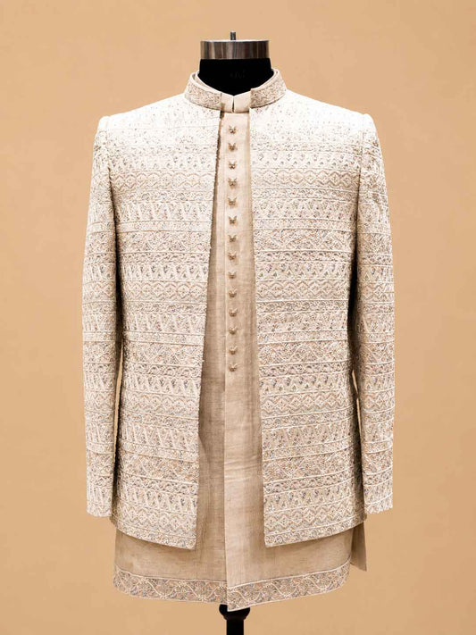 Men's ivory designer sherwani with intricate embroidery - view 2