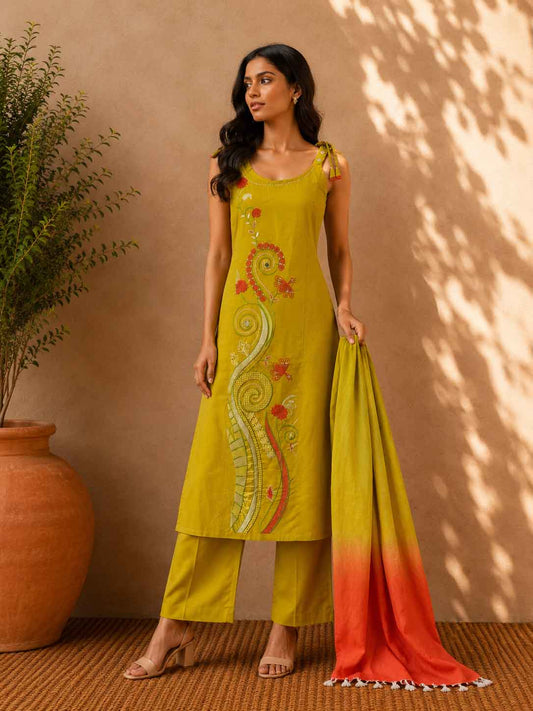 Front view of Mustard Yellow Embroidered Kurta Pant Set with Ombre Dupatta for Women by ASMA, Bengaluru