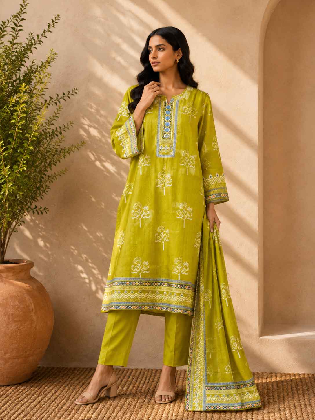 Olive Green Printed Kurta Set for Women with Pants & Dupatta | Ethnic 3-Piece Suit Set