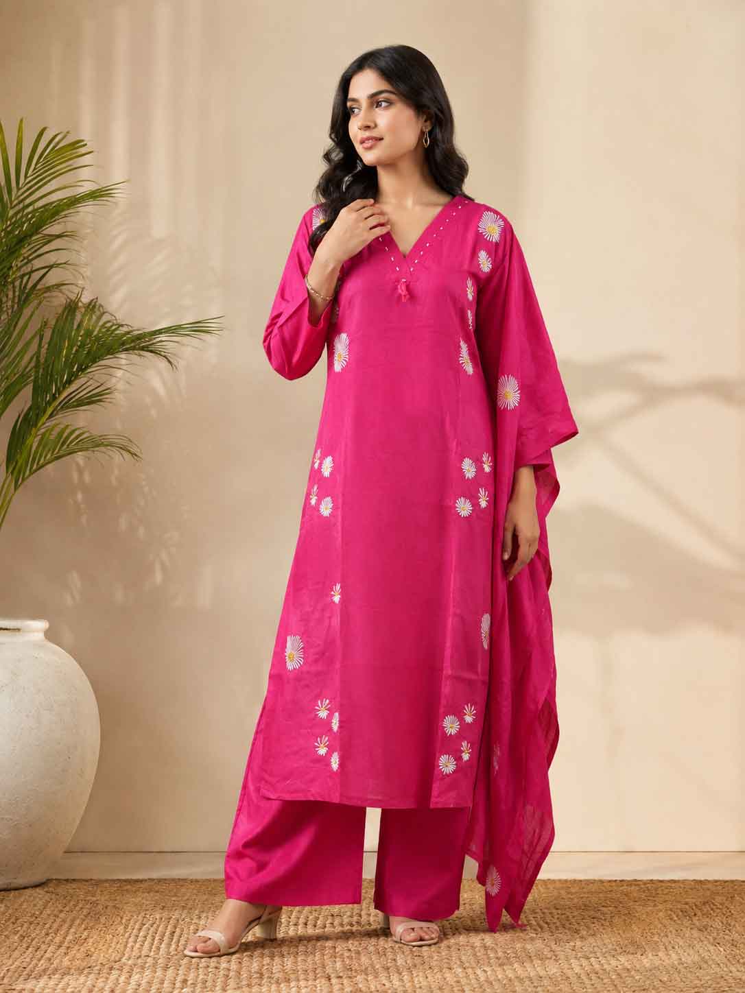 Rani Pink Embroidered Kurta Set for Women | Straight Kurta with Pants & Dupatta