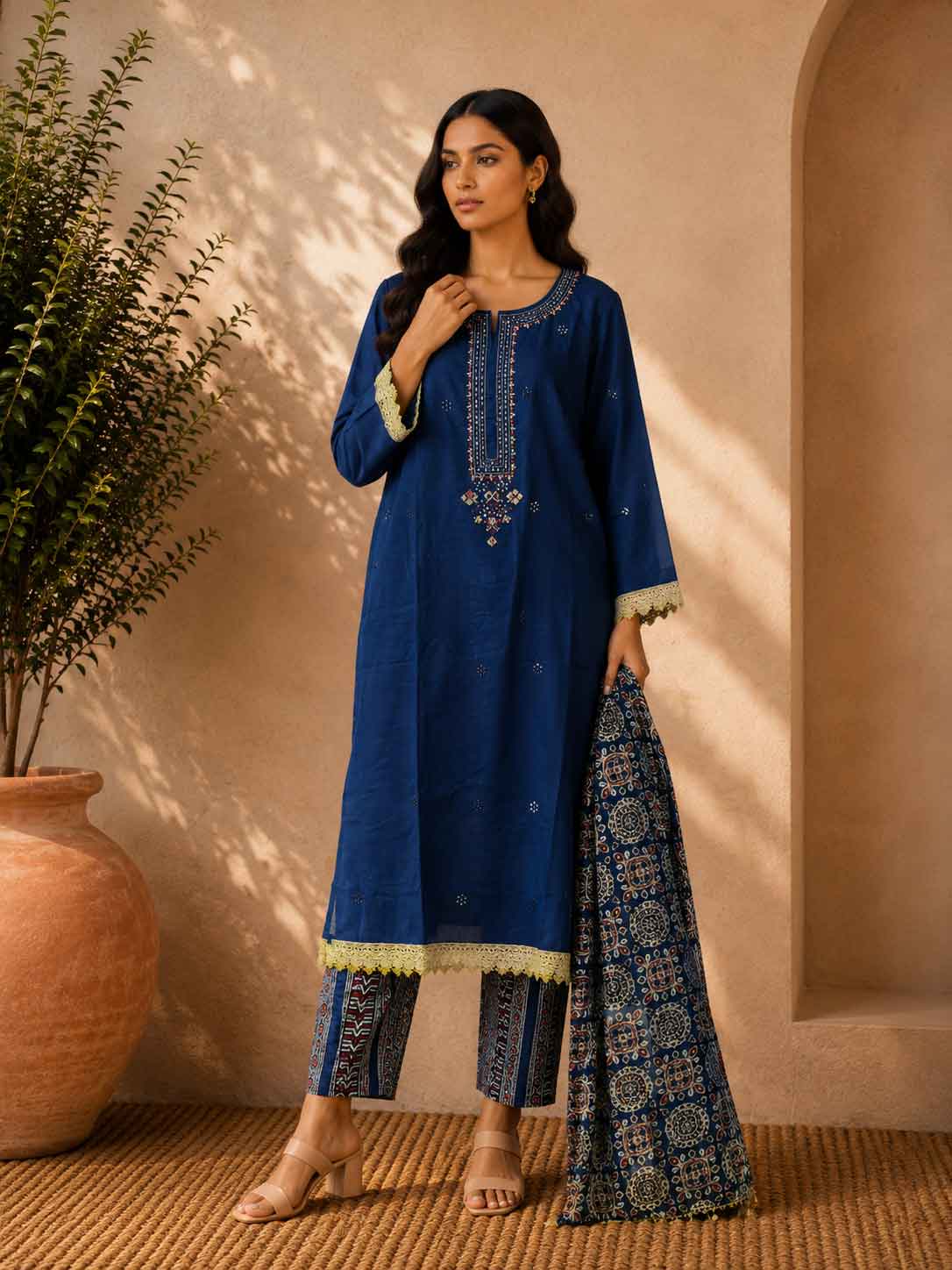 Blue Embroidered Kurta Pant Set with Printed Dupatta for Women | Elegant Ethnic Wear