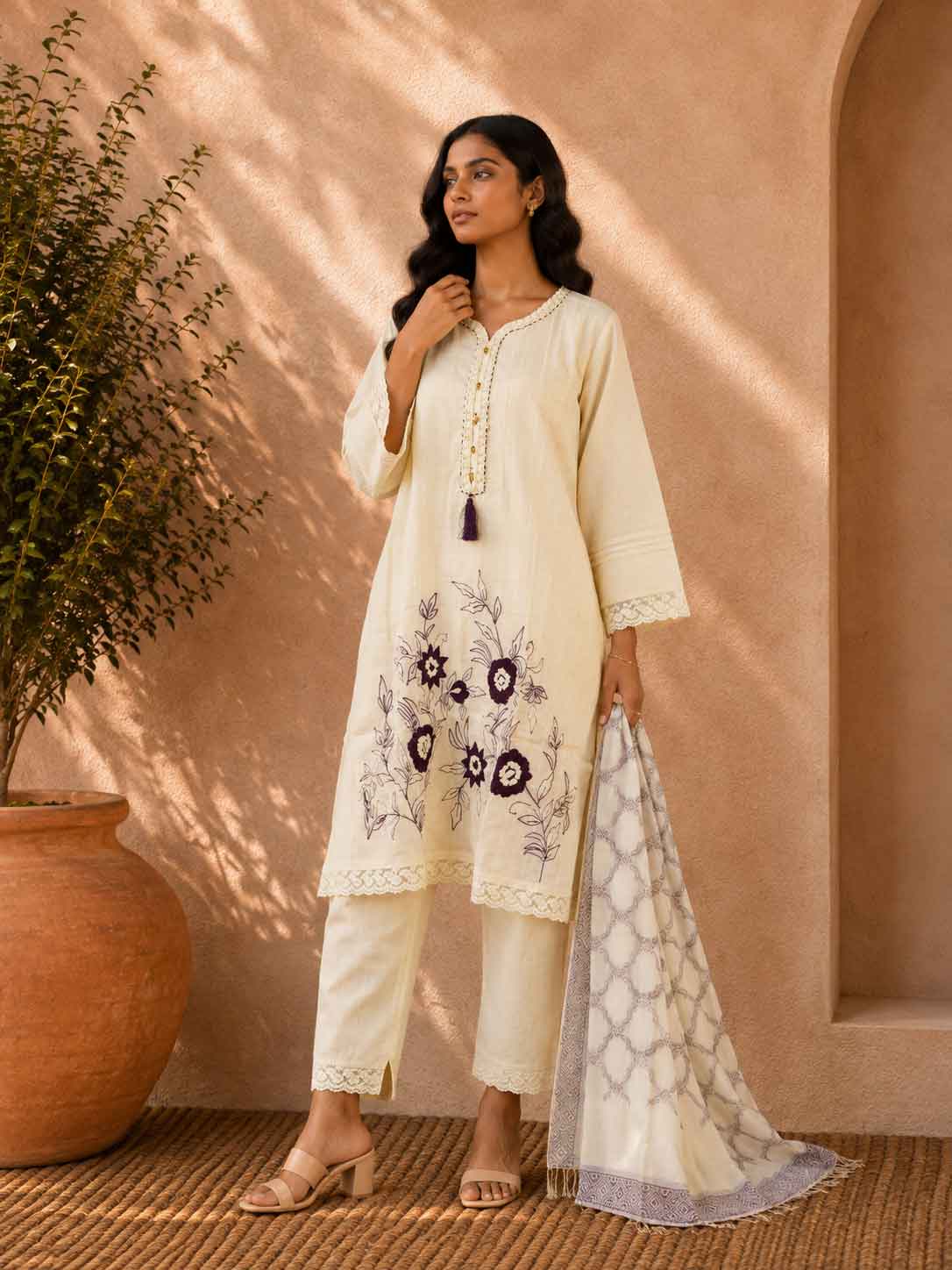Off-White Embroidered Kurta Set for Women with Pants & Printed Dupatta | 3-Piece Ethnic Suit