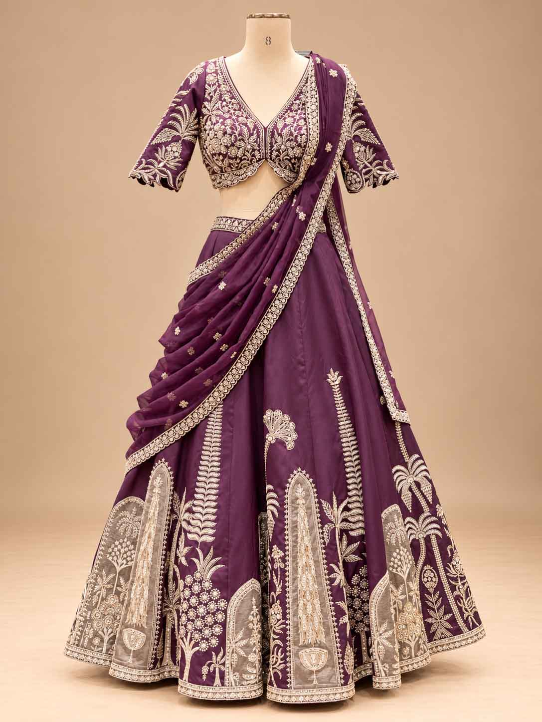 Deep Purple Embroidered Lehenga Set with Draped Dupatta for Women