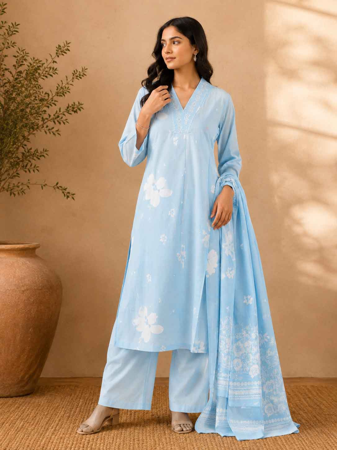 Sky Blue Floral Kurta Set for Women | Printed Straight Kurta with Pants & Dupatta