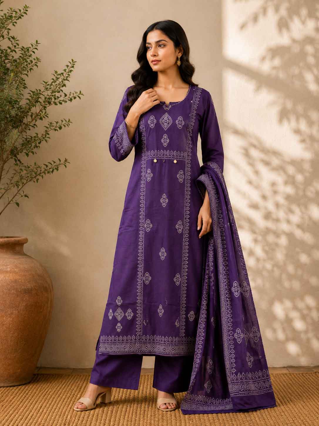 Purple Printed Kurta Set for Women | Straight Kurta with Pants & Dupatta