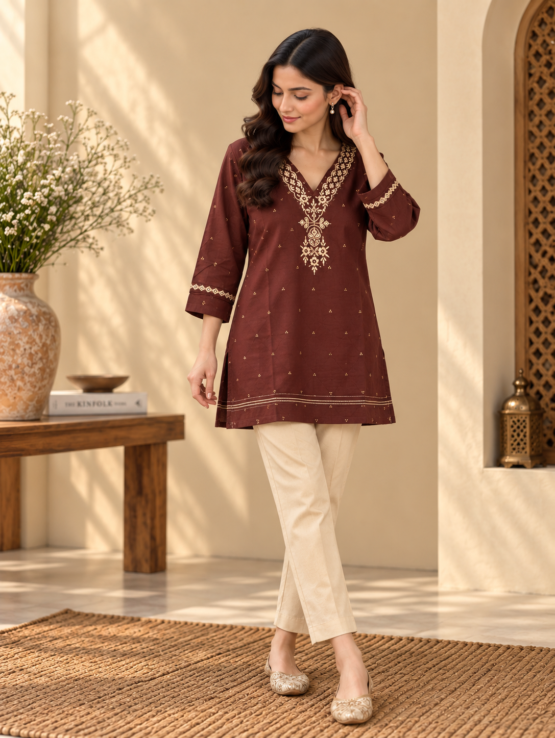Front view of Wine Colour Embroidered Kurta with Cream Pants by ASMA, Bengaluru