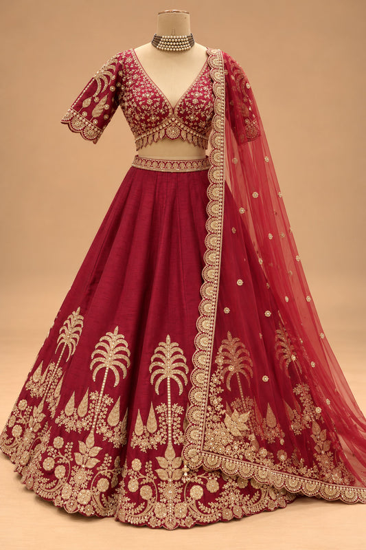 Premium Maroon Bridal Lehenga with Intricate Gold Embroidery and Dupatta for Women – product view 2