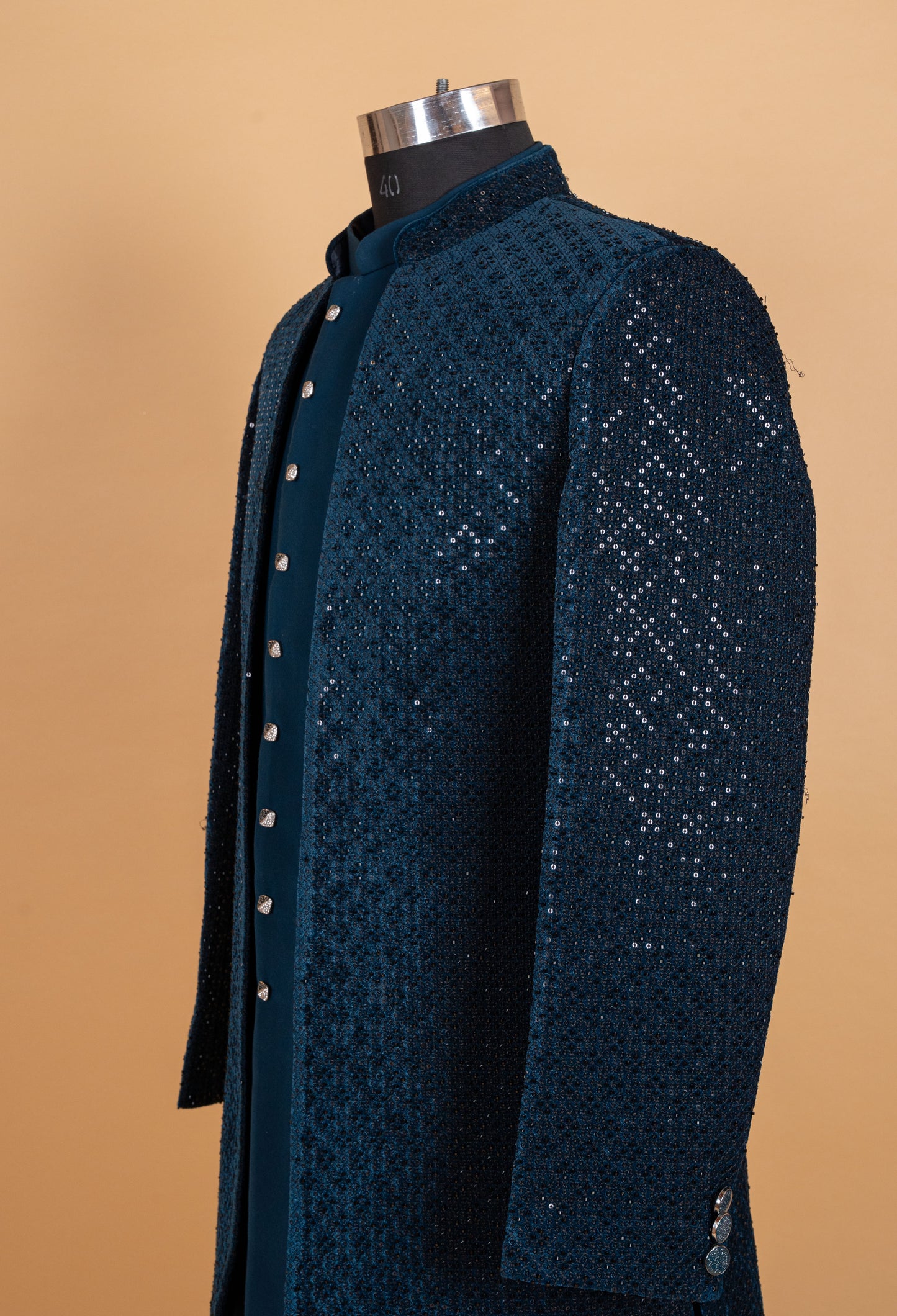 Midnight Teal Sequin Embroidered Indo-Western Sherwani Set for Men – Premium Wedding & Reception Wear