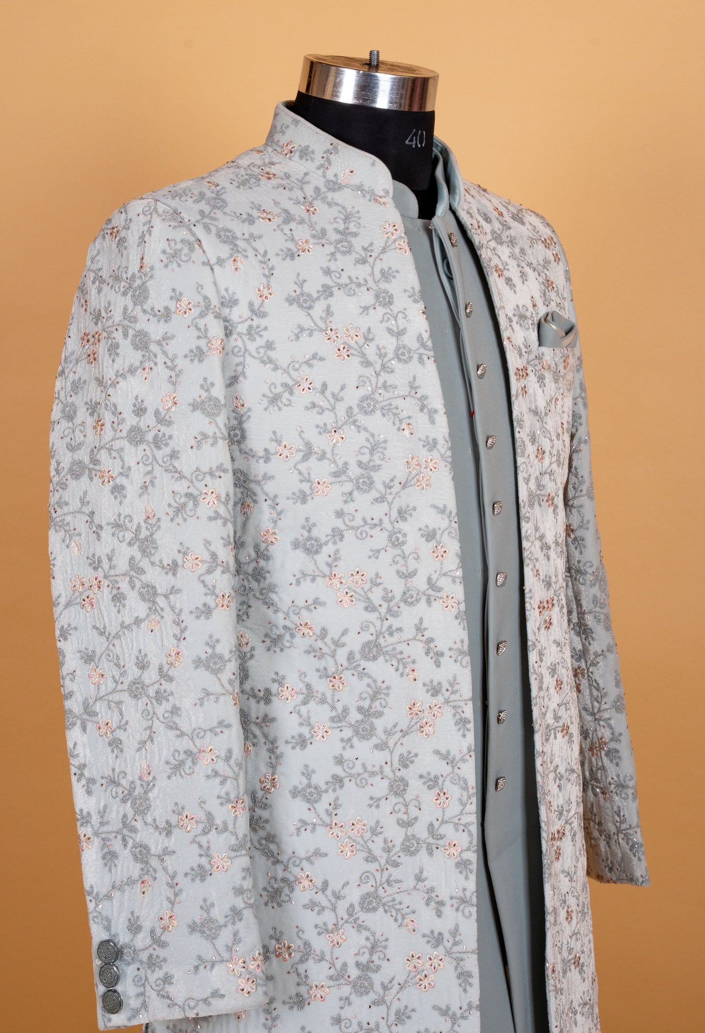 Pastel Grey Floral Embroidered Sherwani Set for Men – Designer Wedding & Reception Wear