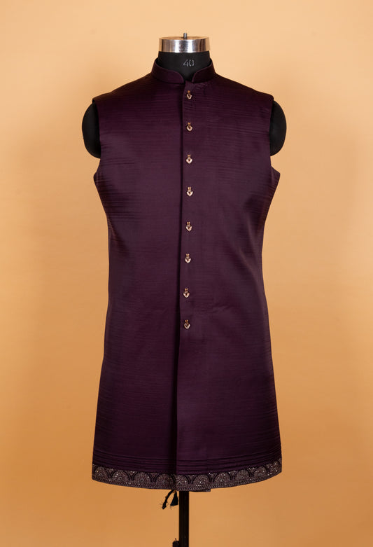Men’s plum Indo-Western sherwani with zigzag embroidery – product image 2