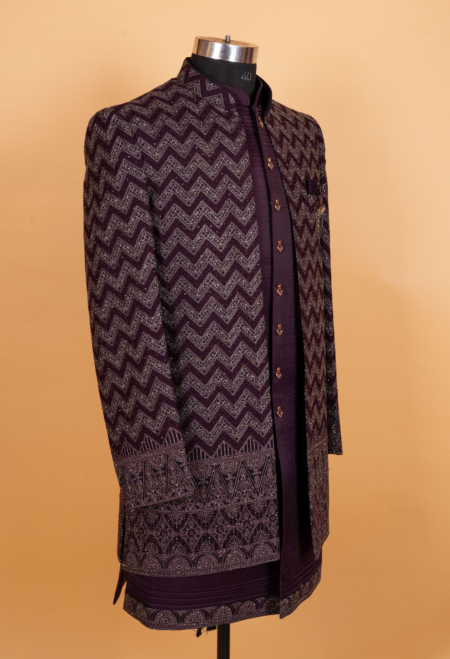 Men’s Plum Indo-Western Sherwani with Zigzag Embroidery | Designer Wedding Outfit for Groom & Festive Wear