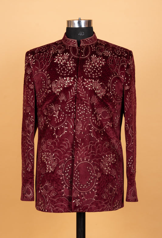 Royal maroon embroidered Indo-Western suit for men – product image 2