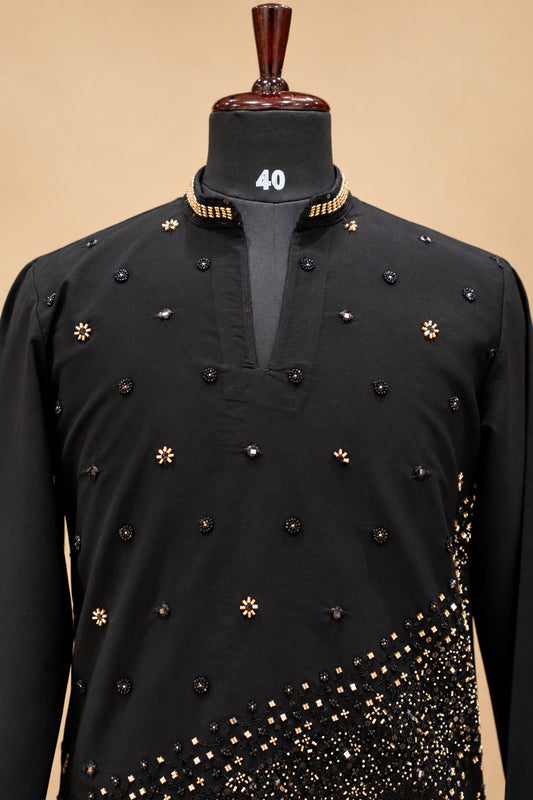 Black and Gold Embellished Men's Kurta Pant Set with Diagonal Ornamental Detailing