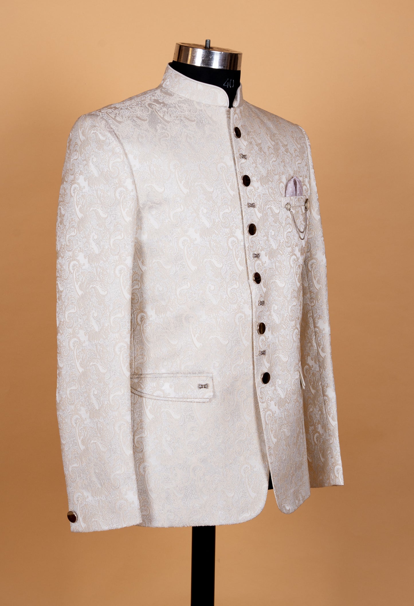 Ivory Jacquard Bandhgala Suit for Men with Mandarin Collar