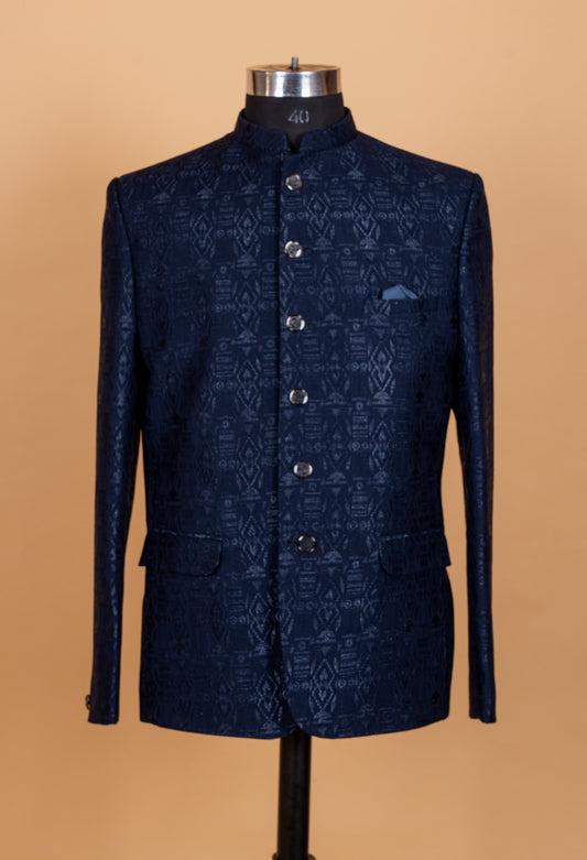 Midnight navy textured Bandhgala suit for men – product image 2