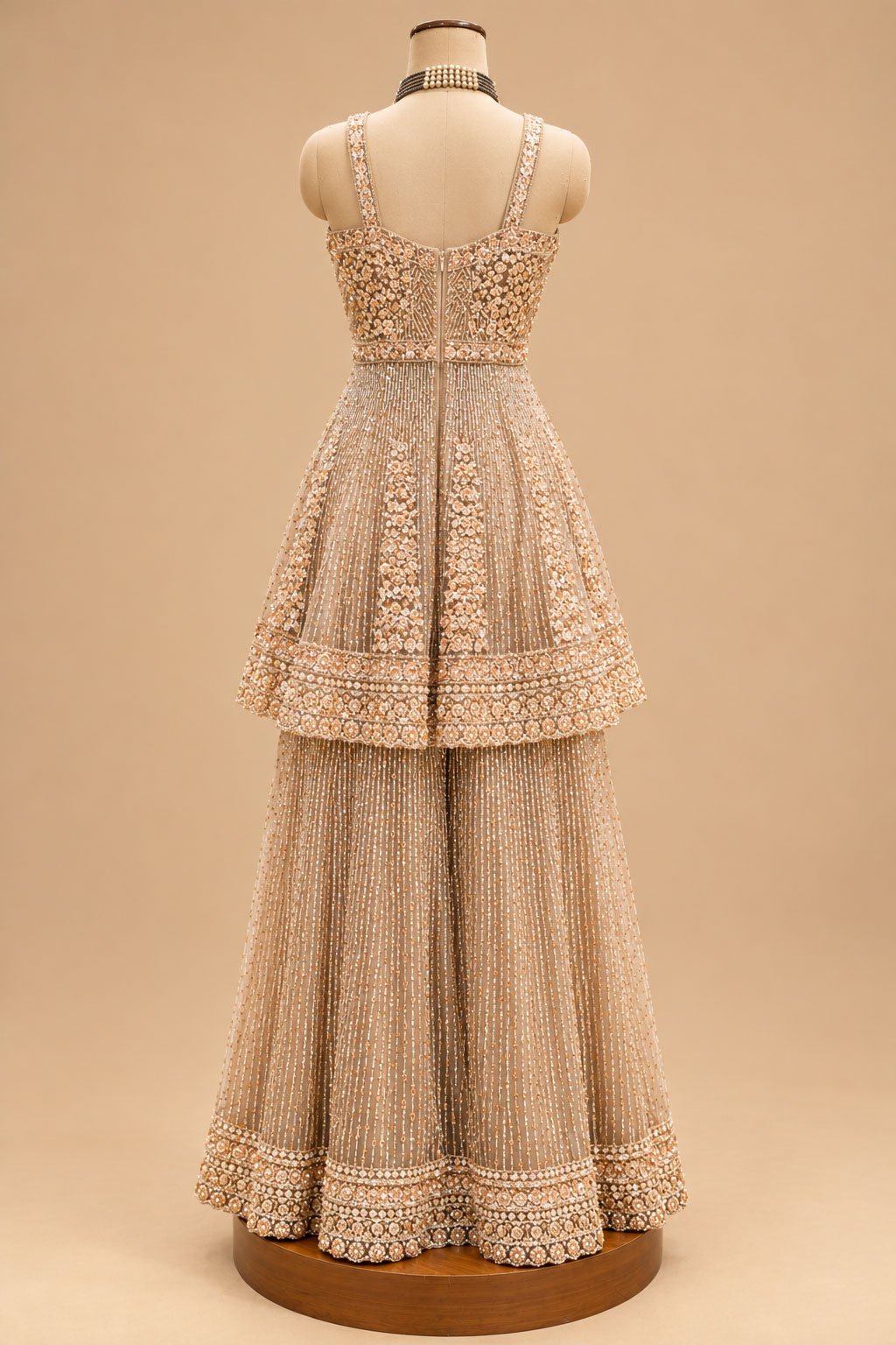 Premium Champagne Gold Embroidered Designer Sharara Set with Peplum Top and Net Dupatta