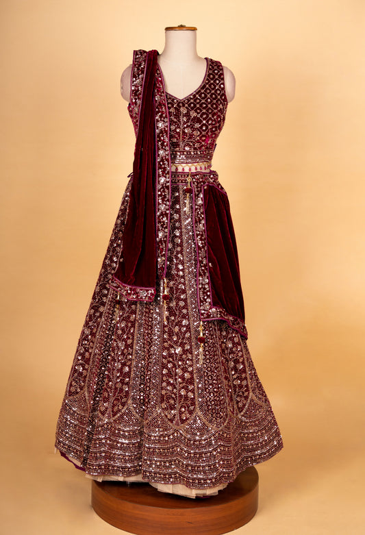 Maroon heavy embroidered designer lehenga choli with net dupatta – product image 2
