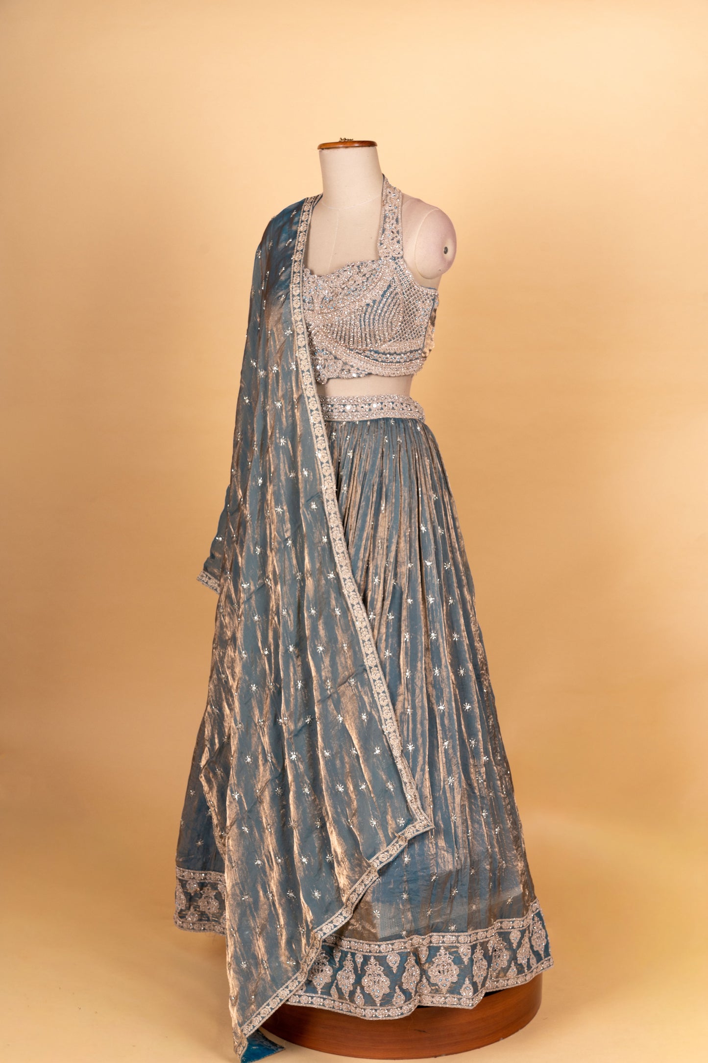 Steel Blue Embroidered Designer Lehenga Choli with Sheer Dupatta
