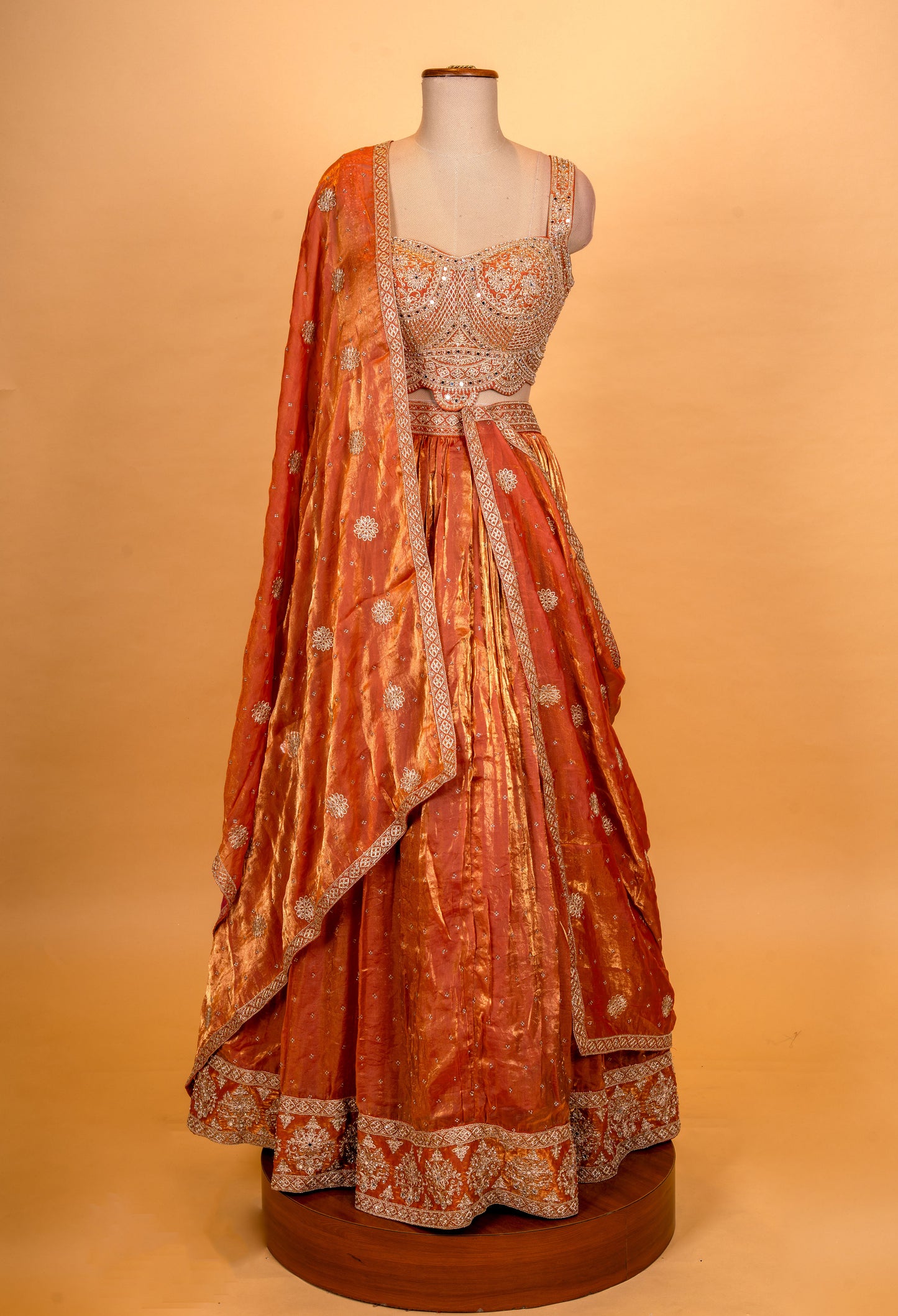 Burnt Orange Metallic Designer Lehenga Choli with Embroidered Dupatta