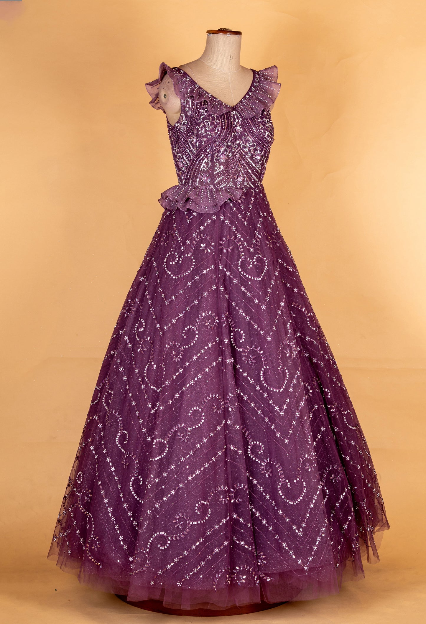 Elegant Purple Sequin Embellished Flared Party Gown for Women