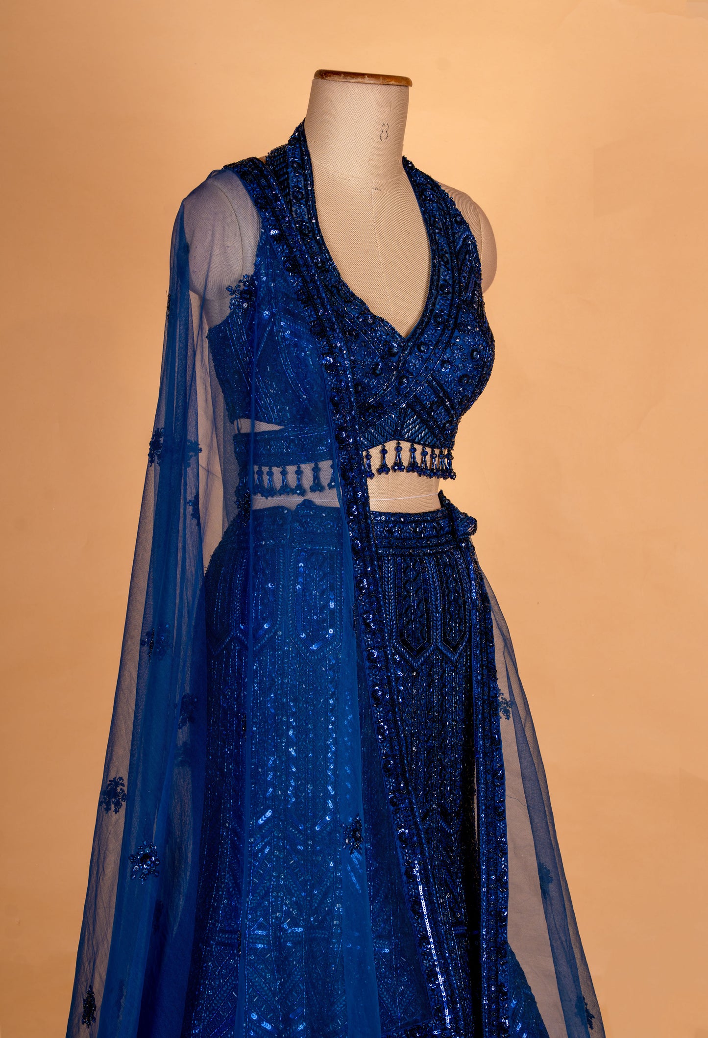 Royal Blue Sequin Mermaid Lehenga with Embellished Blouse & Net Dupatta