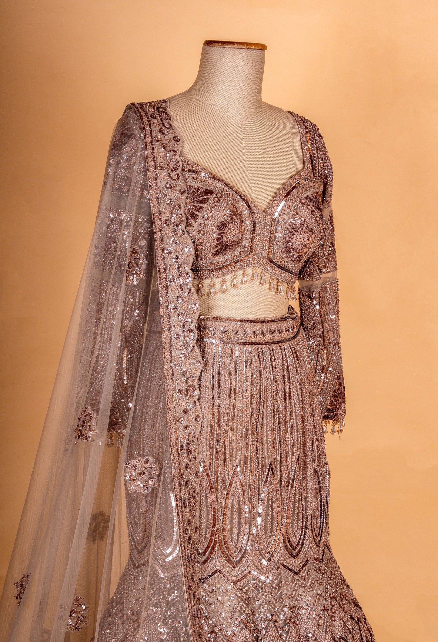 Dusty Rose Sequin Embroidered Lehenga Set with Full-Sleeve Blouse & Net Dupatta