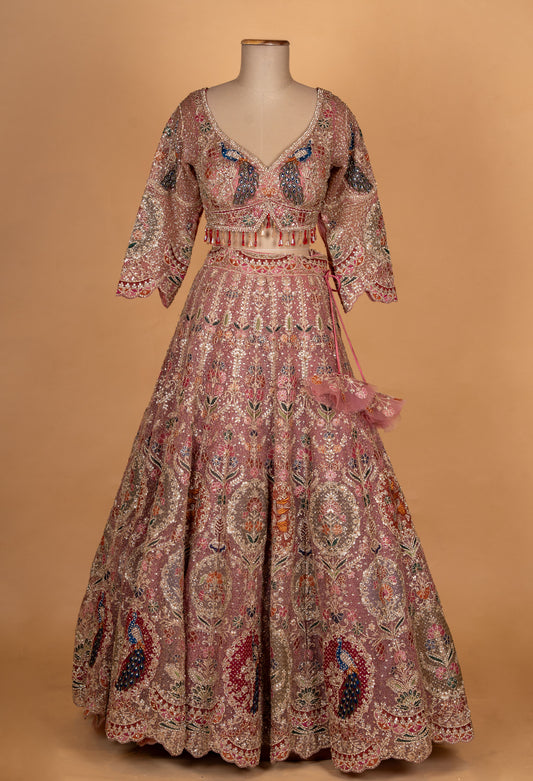 Blush pink multicolor embroidered bridal lehenga with net dupatta – product image 2