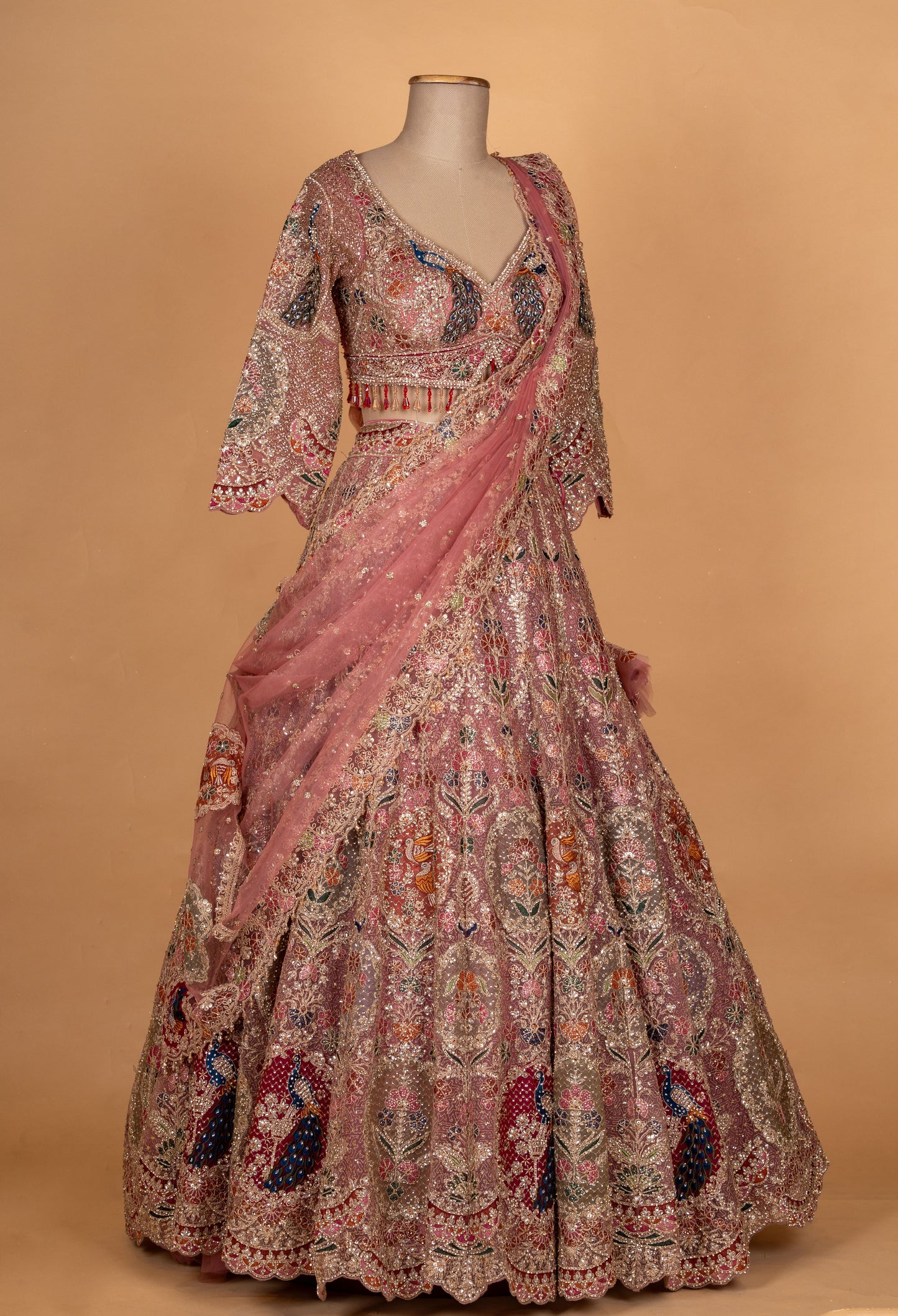 Blush Pink Multicolor Embroidered Bridal Lehenga with Net Dupatta