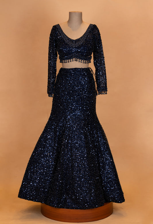 Midnight navy mermaid lehenga with all-over sequin embroidery