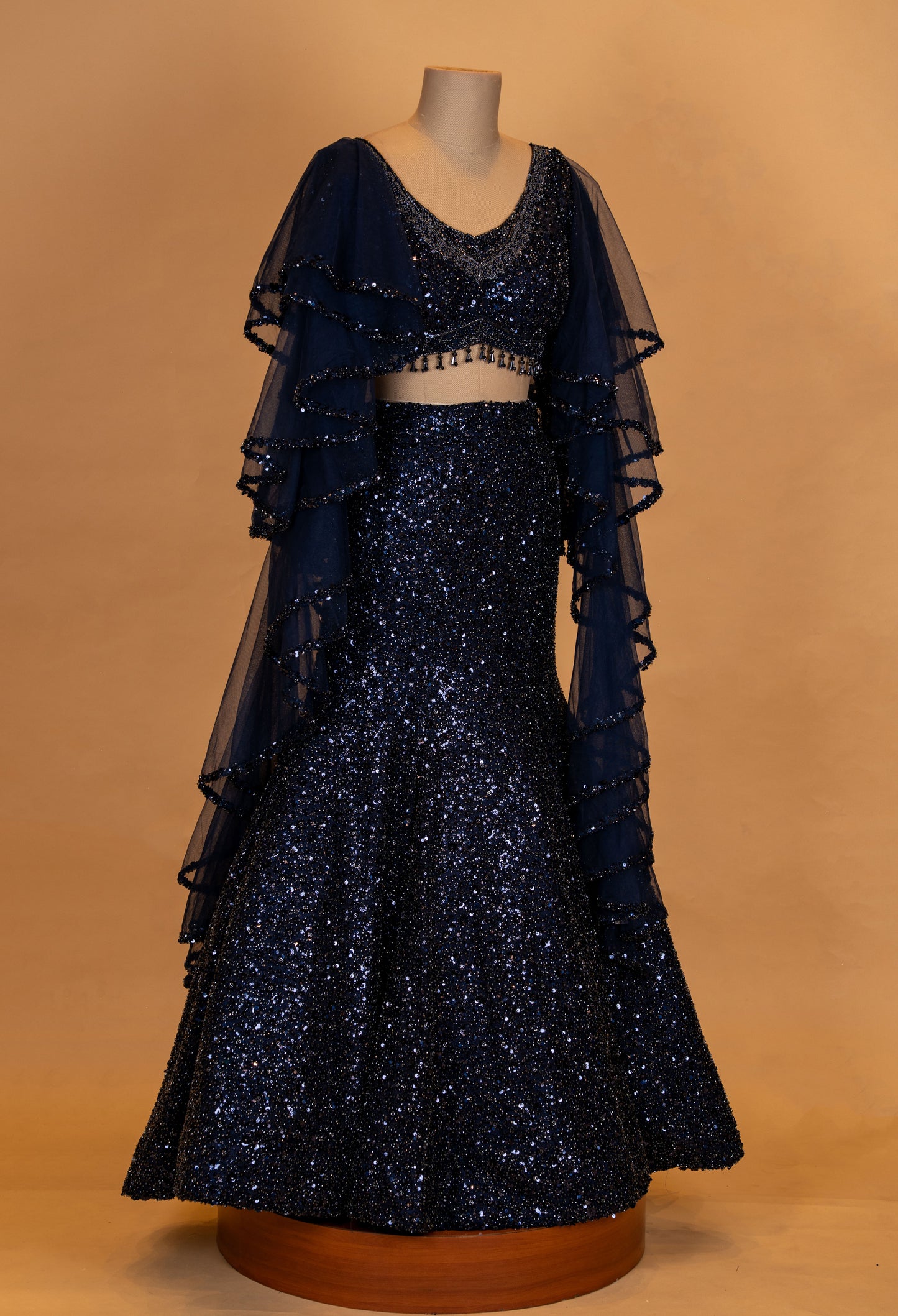 Midnight Navy Sequin Mermaid Lehenga with Dramatic Sheer Cape