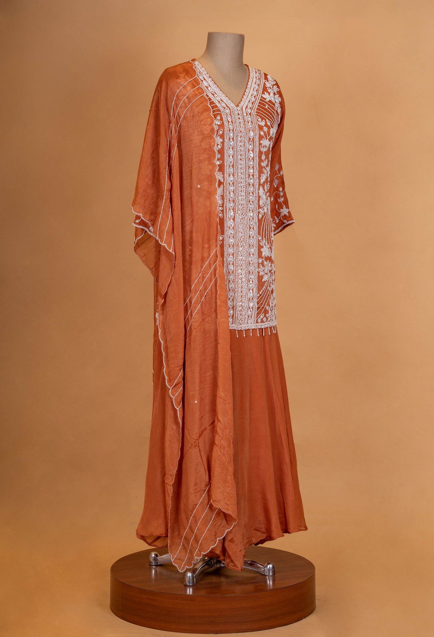 Rust Orange Embroidered Kurta Set with Palazzo & Flowing Cape