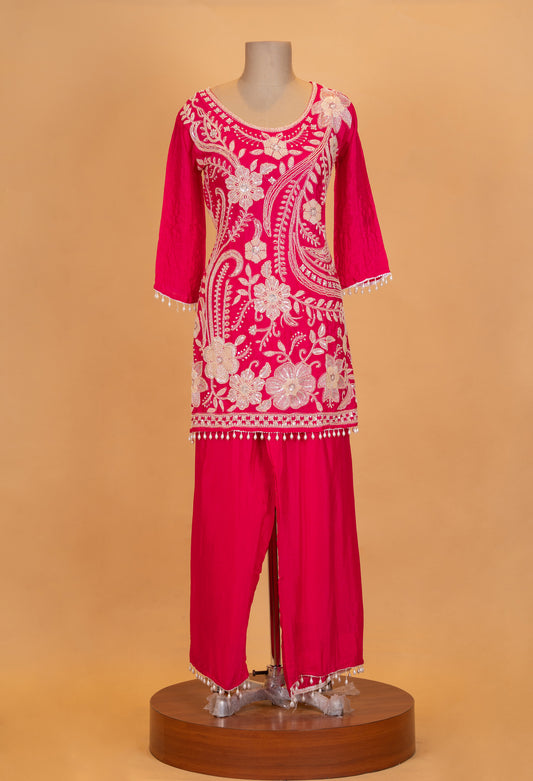 Rani pink embroidered kurta set with straight pants and sheer dupatta – product image 2