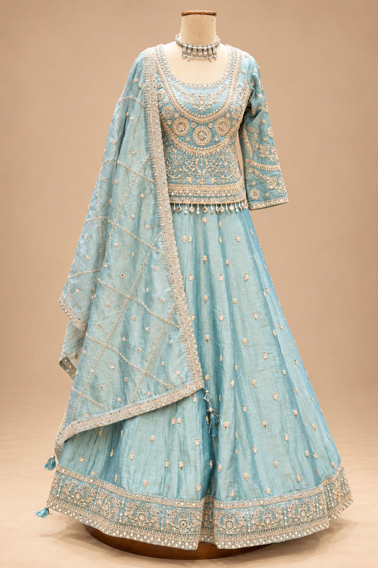 Elegant Ice Blue Designer Lehenga Set with Golden Embroidery & Matching Dupatta