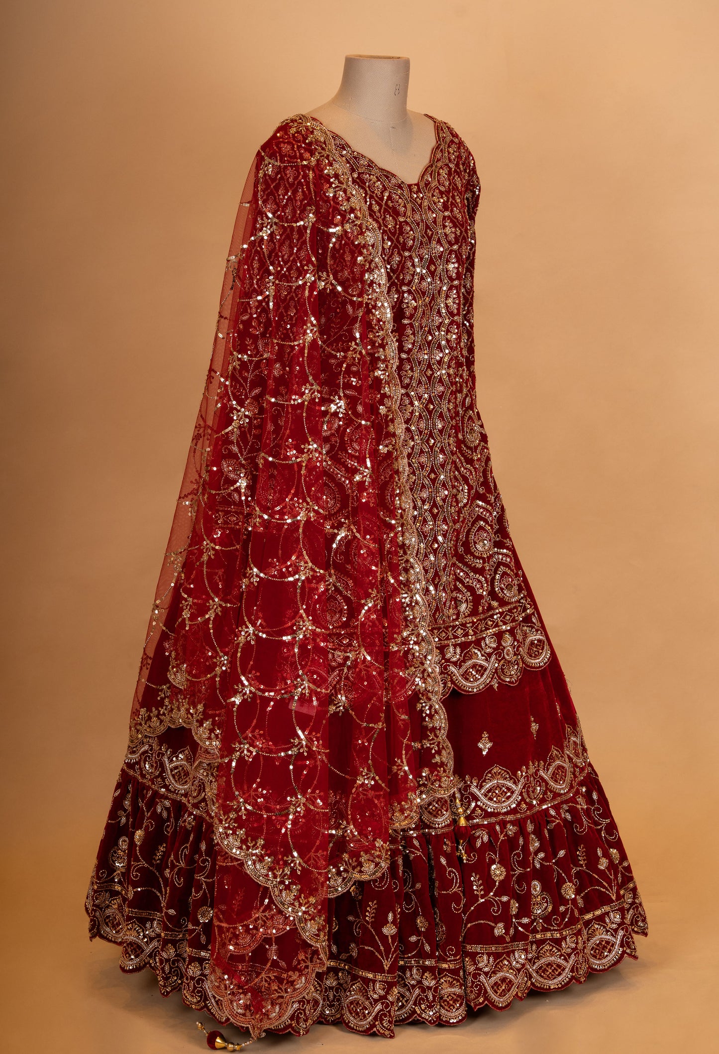 Deep Red Embroidered Anarkali Gown with Net Dupatta
