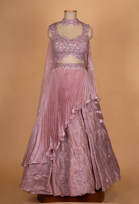 Mauve sequin embroidered lehenga set with layered skirt and dupatta – product image 2