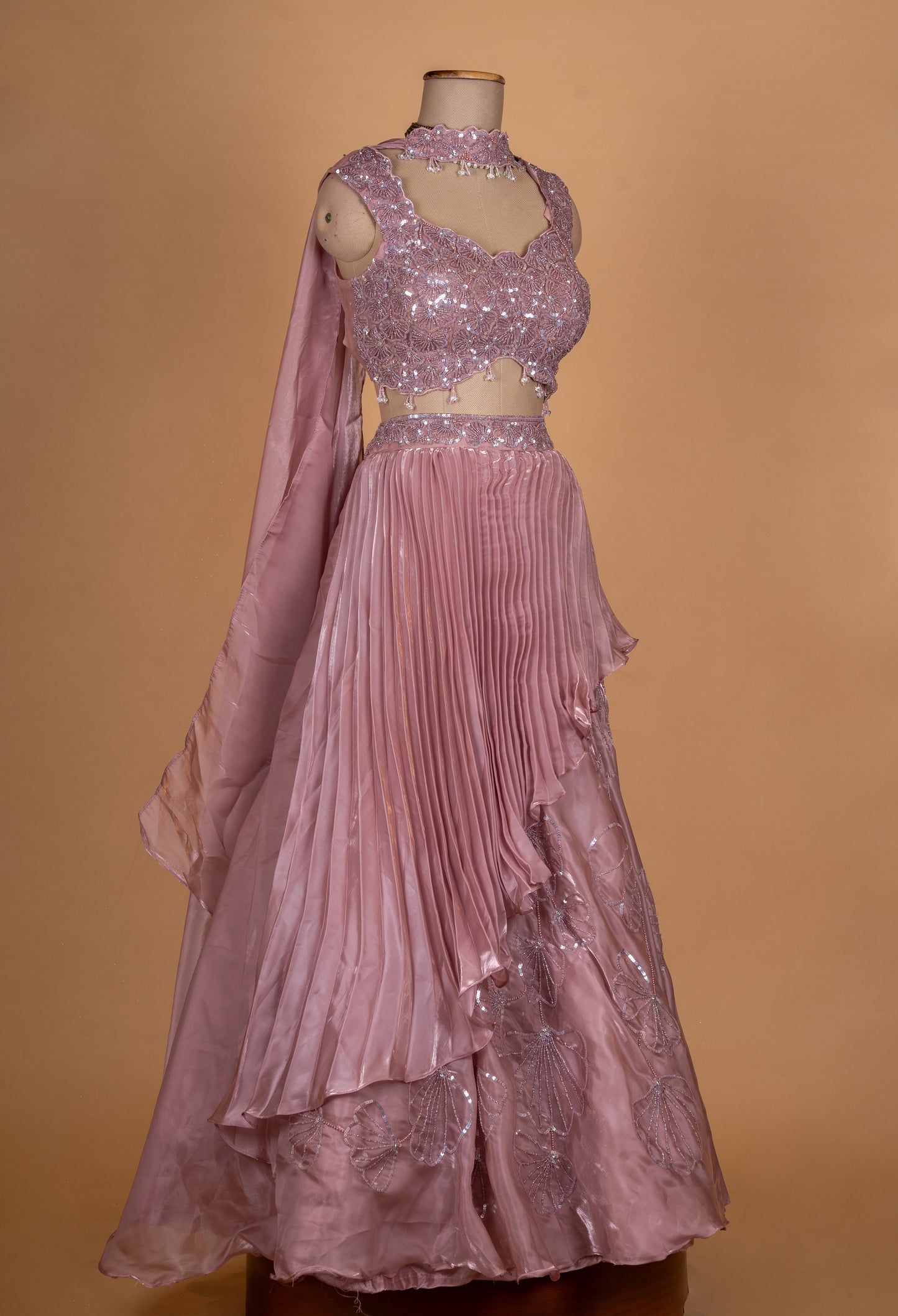 Elegant Mauve Sequin Embroidered Lehenga Set with Layered Skirt & Dupatta