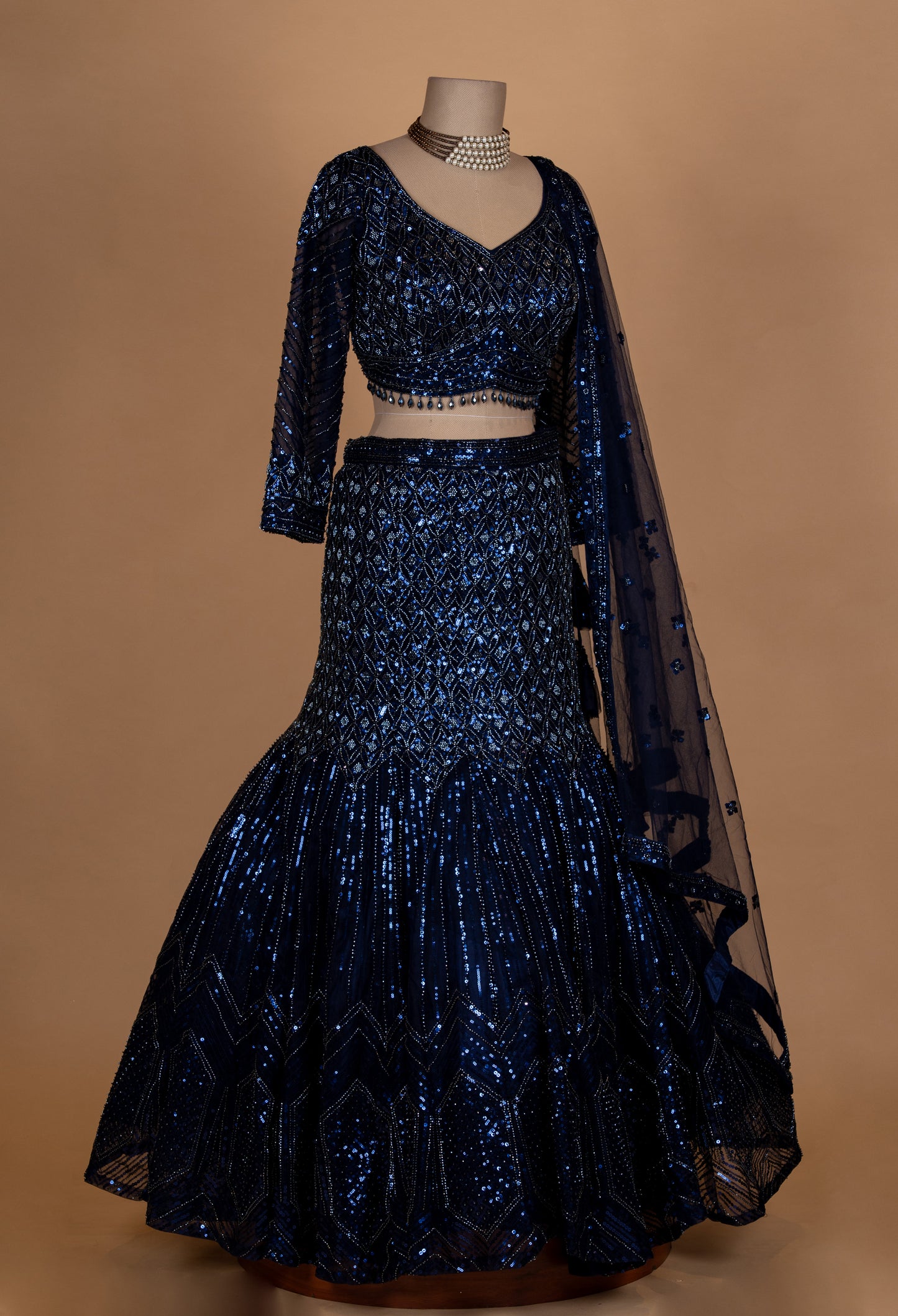 Midnight Blue Sequin Embroidered Lehenga Set with Net Dupatta