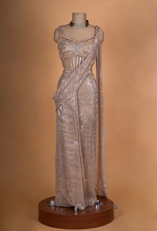 Champagne gold sequin designer saree with embellished blouse – product image 2