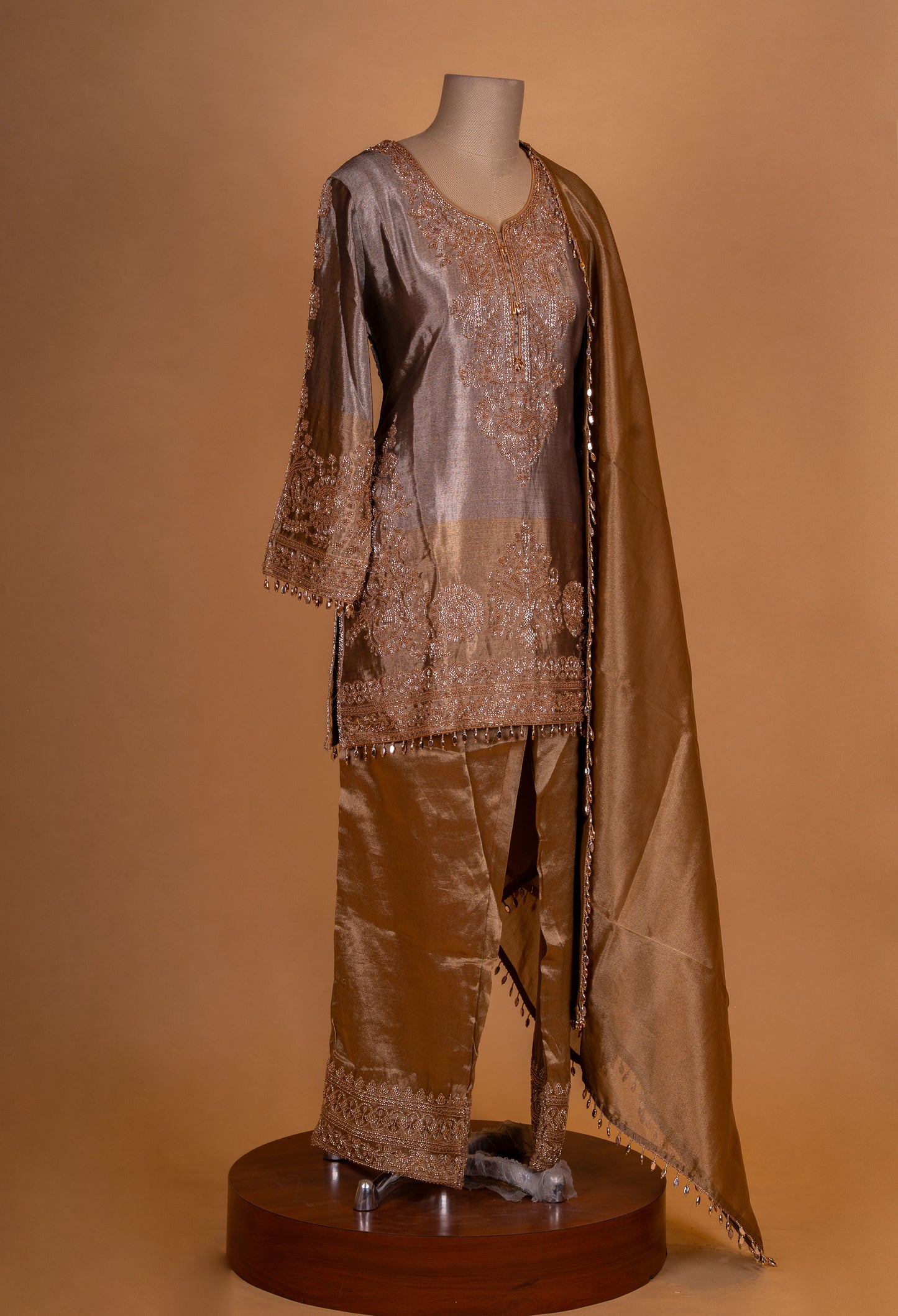Elegant Bronze Embroidered Kurta Palazzo Set with Silk Dupatta