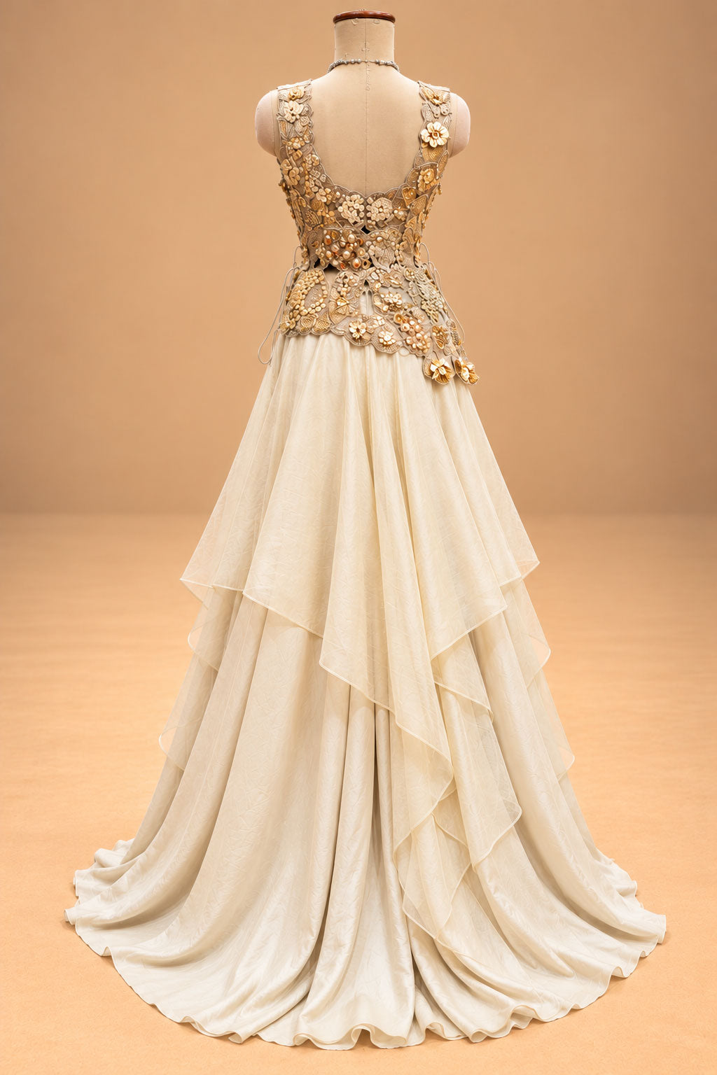 Elegant Ivory Cream Designer Gown with 3D Floral Embroidery & Layered Flare