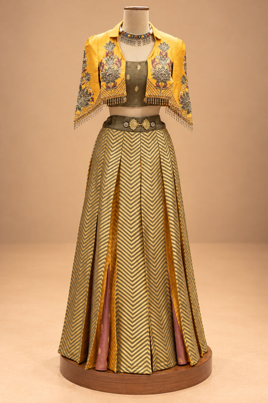 Elegant Mustard Yellow & Olive Green Designer Lehenga Set with Embroidered Jacket