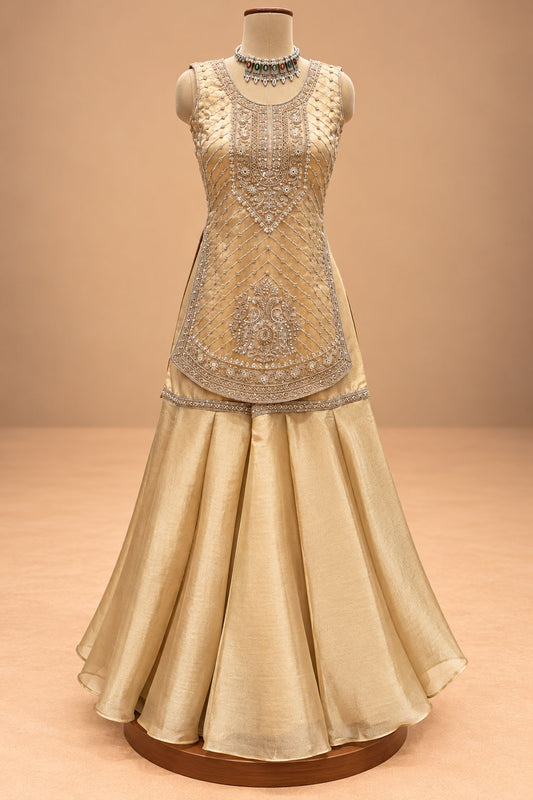 Elegant Champagne Gold Embroidered Sharara Set with Matching Dupatta