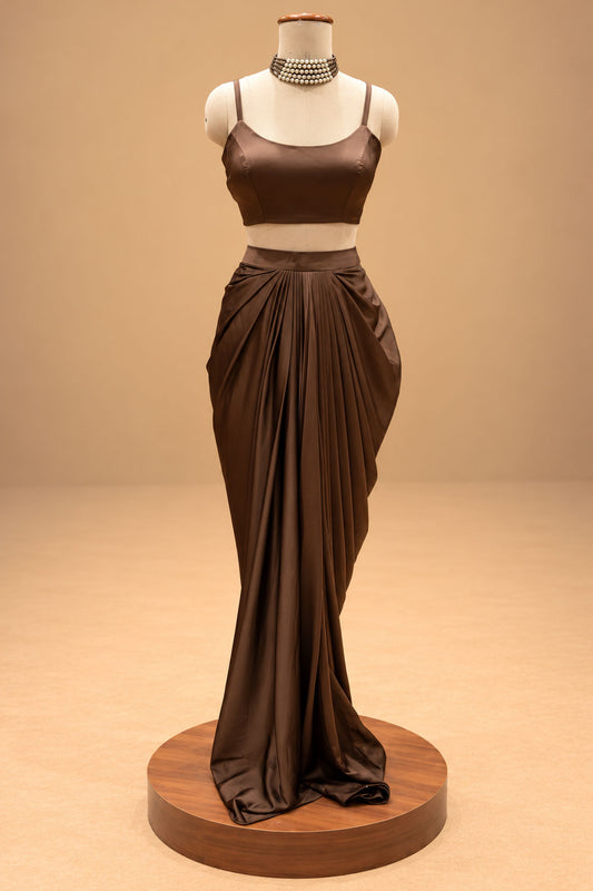 Elegant Chocolate Brown Designer Draped Gown with 3D Floral Embellishments
