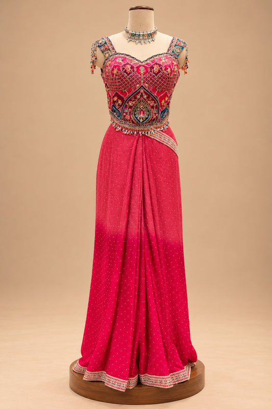 Elegant Rani Pink Designer Drape Saree with Multicolour Embroidered Blouse