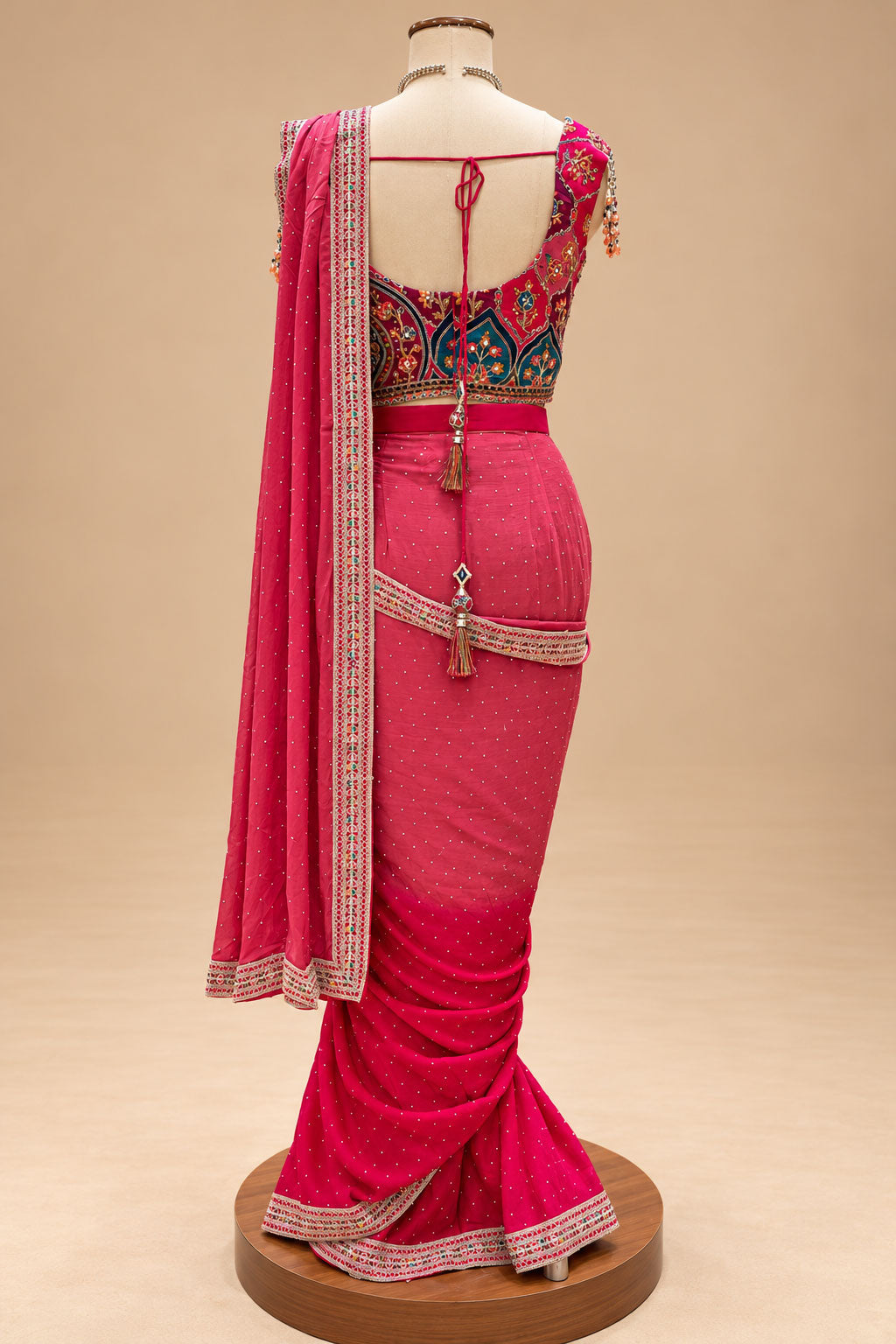 Elegant Rani Pink Designer Drape Saree with Multicolour Embroidered Blouse