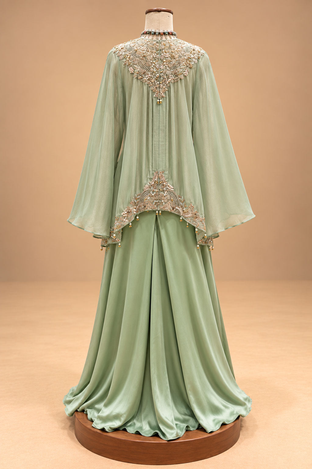 Elegant Pista Green Designer Palazzo Set with Embroidered Cape-Style Top