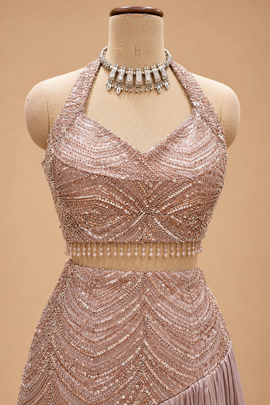 Elegant Dusty Mauve Embellished Designer Lehenga Set with Cape Dupatta