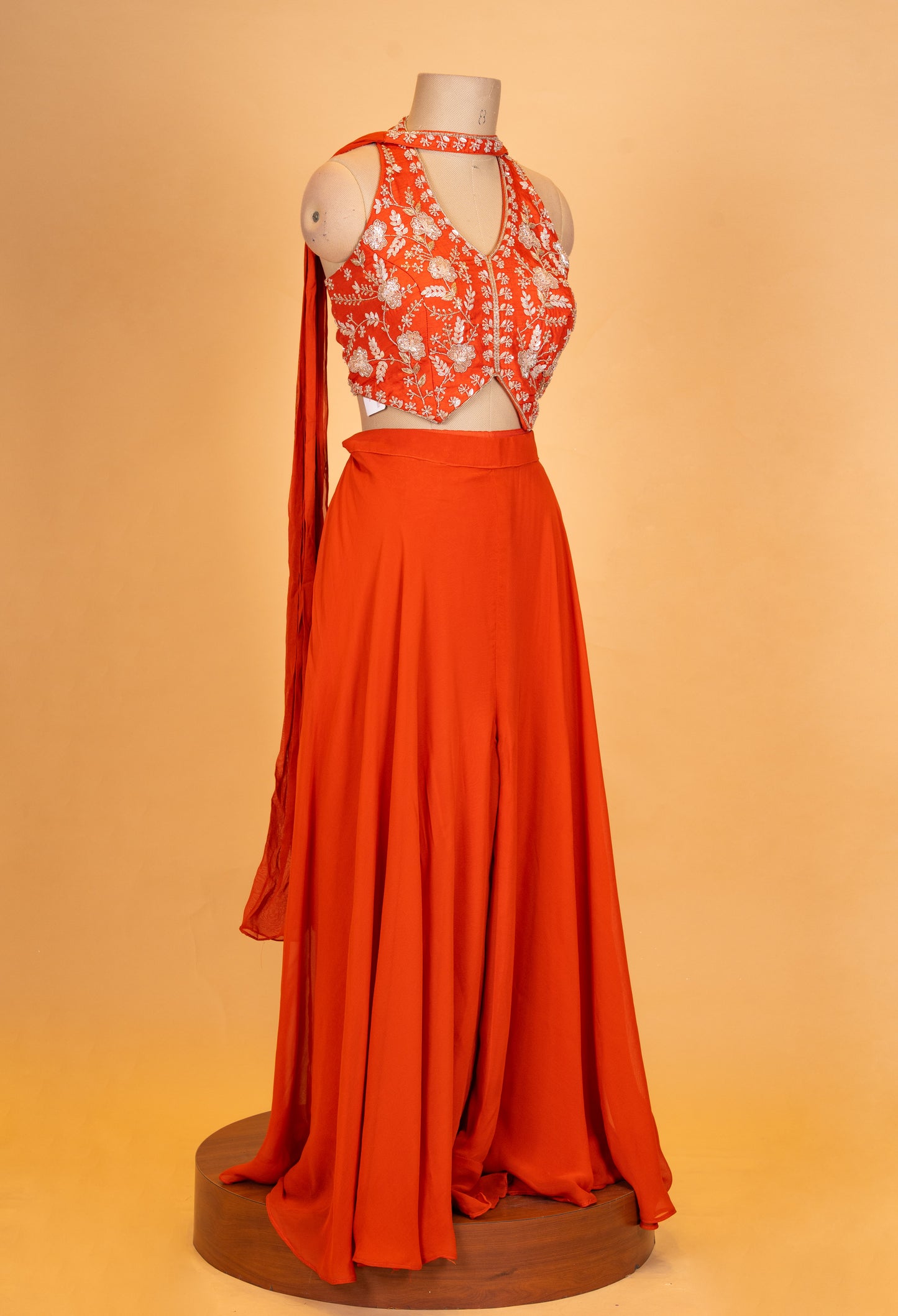 Elegant Orange Embroidered Crop Top & Flared Skirt Set with Dupatta
